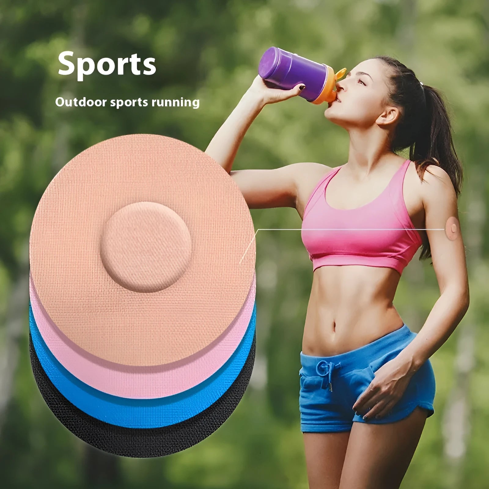 Sports anti-slip adhesive patch in black, blue, pink, and skin colour options on elastic fabric.