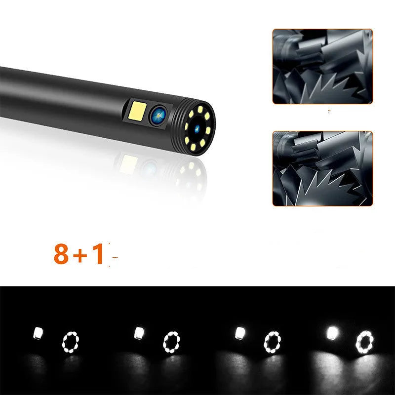 Wireless dual lens inspection endoscope with magnetic tip and hook accessories for pipe and cavity examination