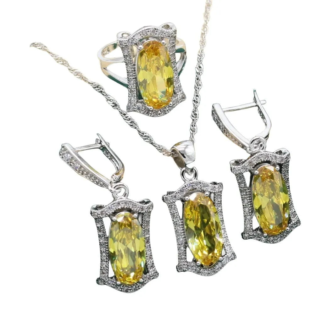 Zircon jewellery set with necklace, earrings, ring, and bracelet in yellow or olive green colours