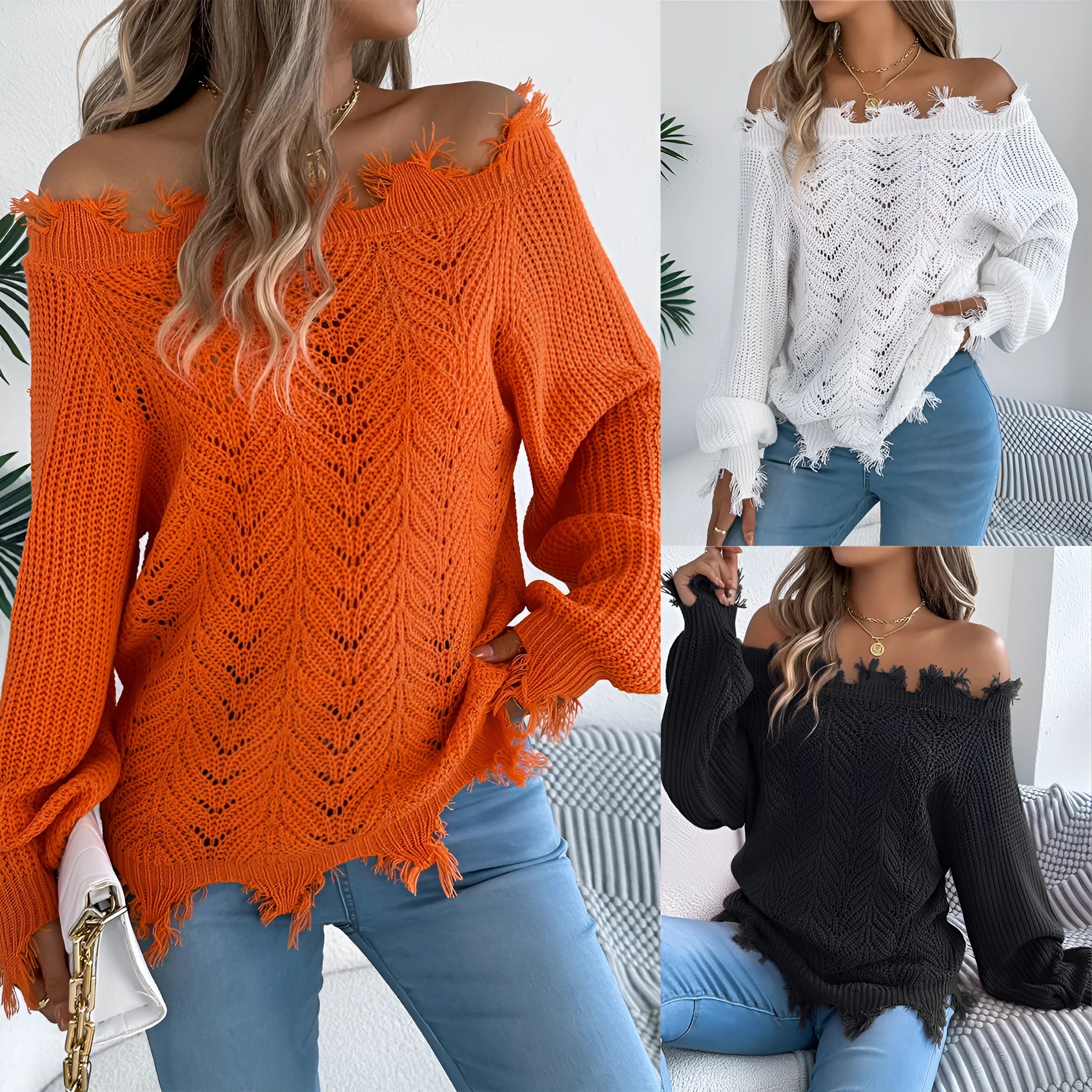 White women's off-the-shoulder pullover sweater with a hollow-out design and long sleeves.