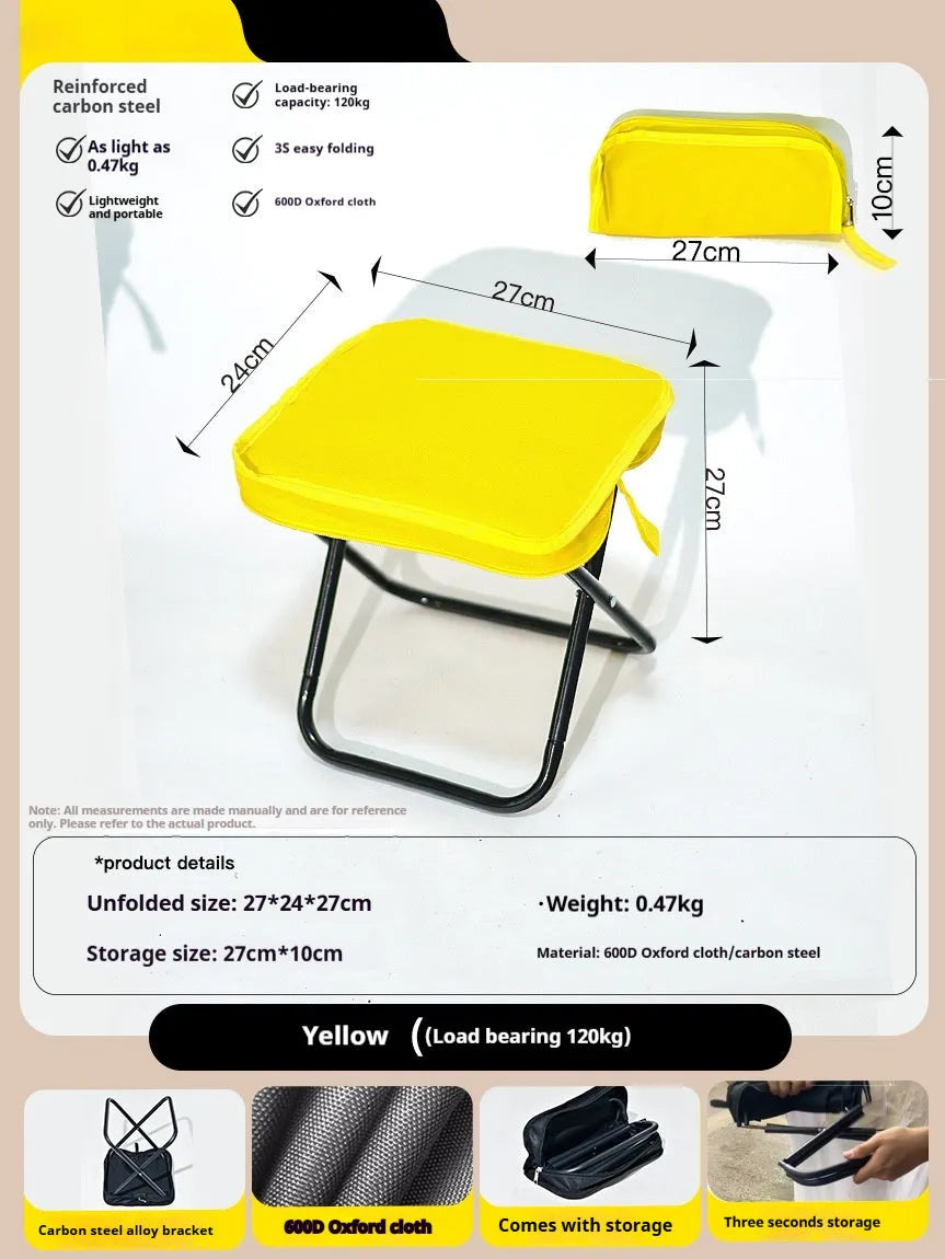 Lightweight foldable camping stool in Oxford cloth shown in a khaki colour, folded to a slim profile.