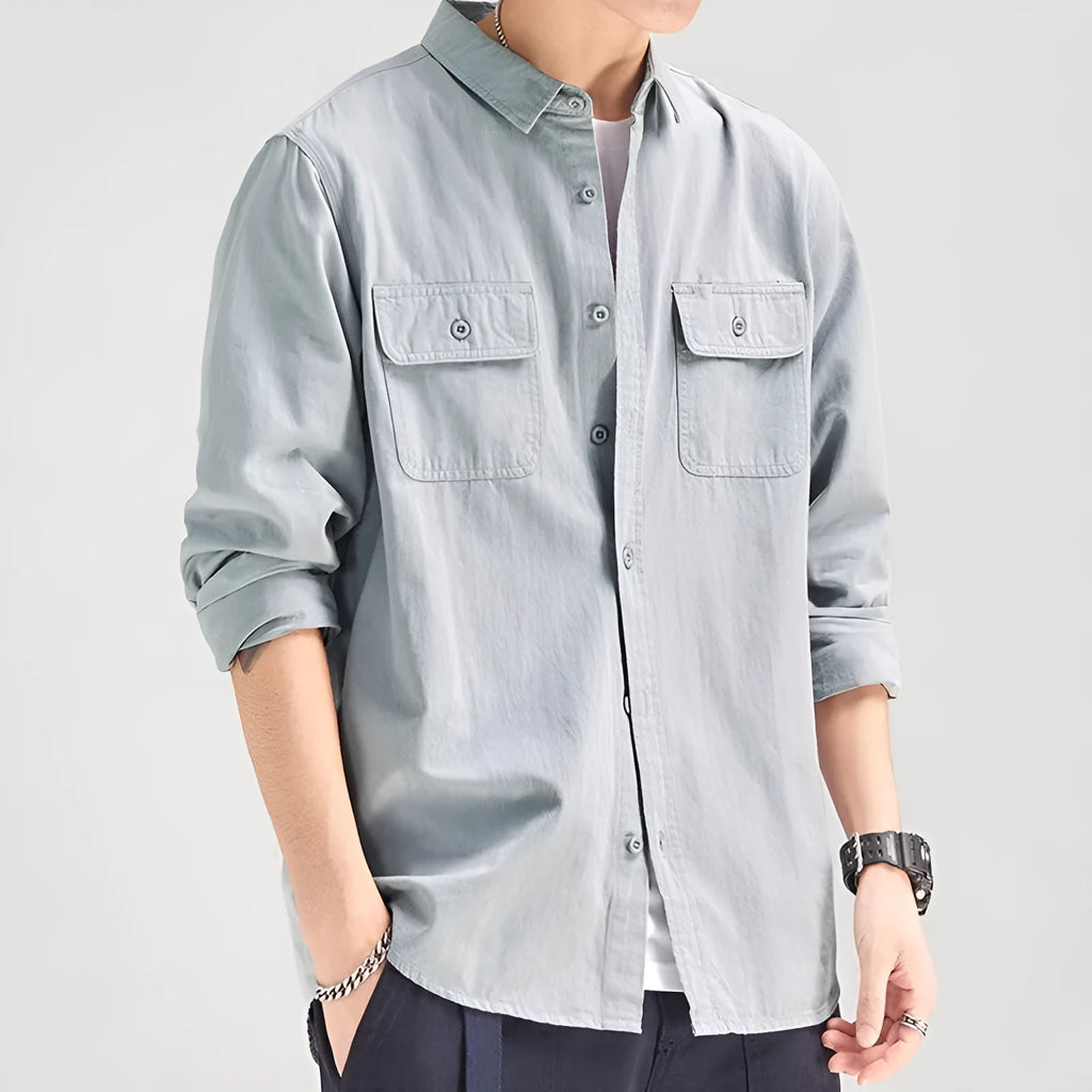 Men's loose long sleeve cardigan shirt in light grey, black, khaki, or green.