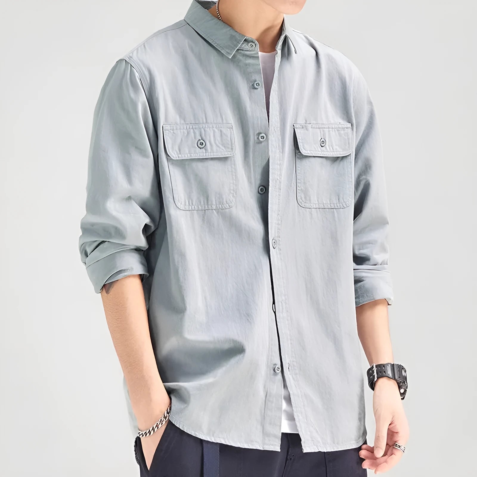 Men's loose long sleeve cardigan shirt in light grey, black, khaki, or green.