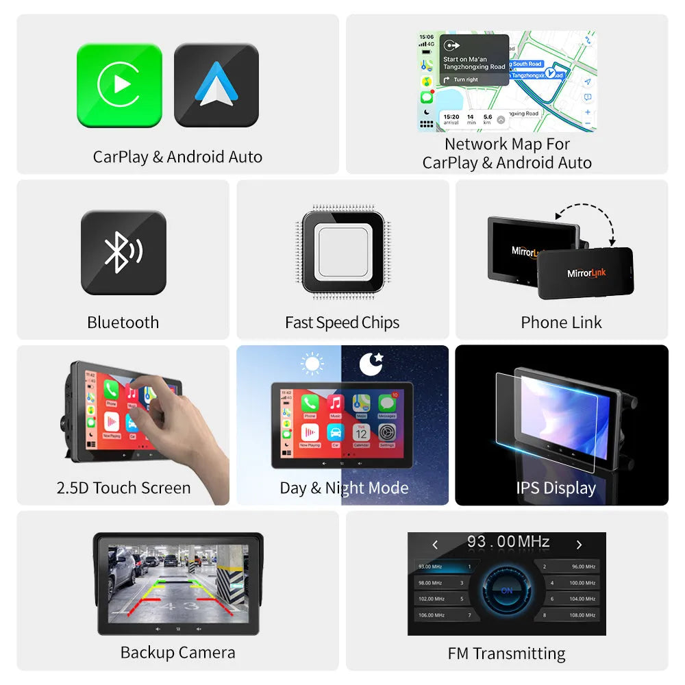 7 inch car wireless CarPlay display with astern camera on a dashboard suction cup mount.