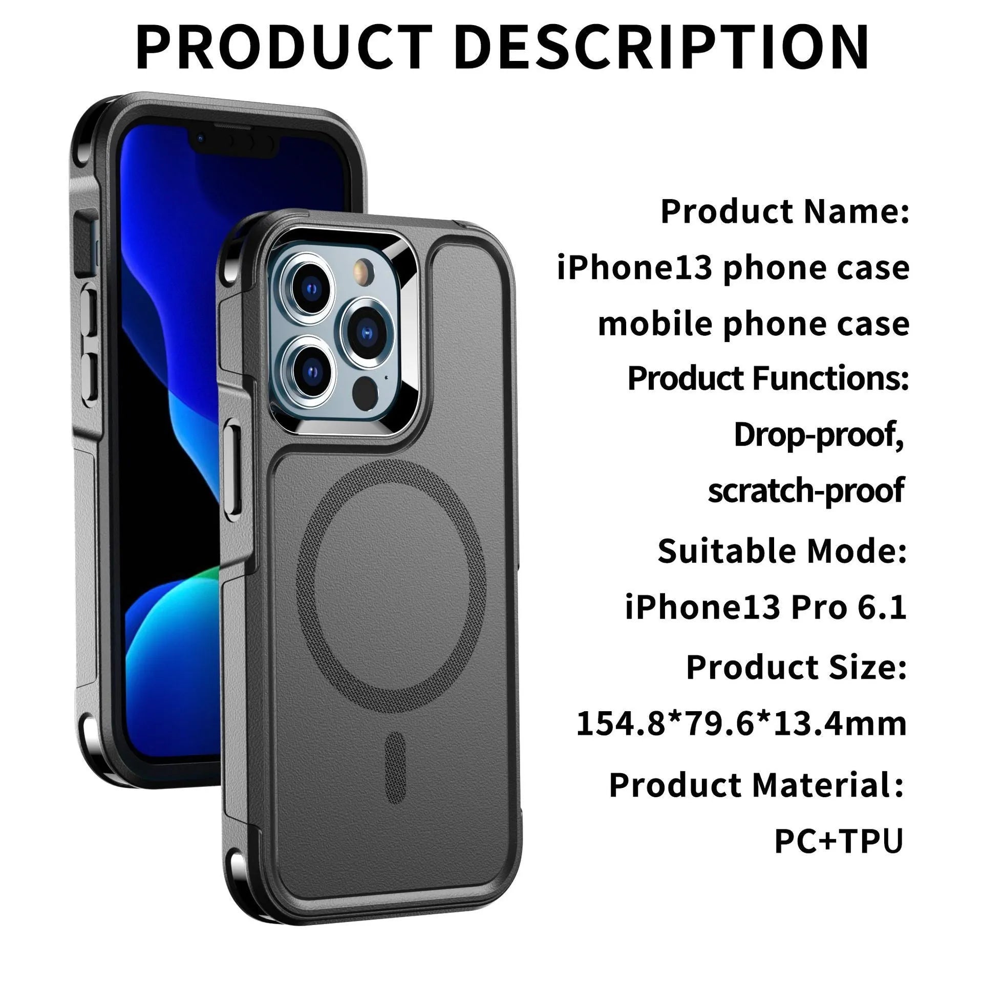 Black shatterproof magnetic phone case for iPhone 12 and 13 Pro models showing dimensions and material details