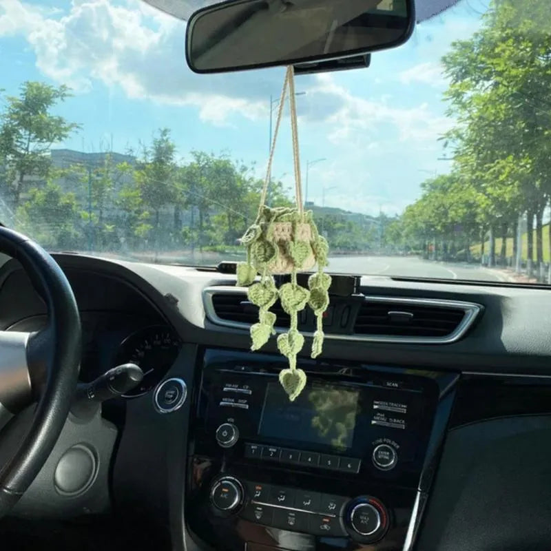 Green and white knitted wool car plant decoration with 8cm base and hanging rope
