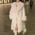A grey women's mid-length faux fur coat with a thick collar, shown on a hanger.