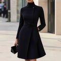 Women's black bohemian style long sleeve dress with high waist and stand collar