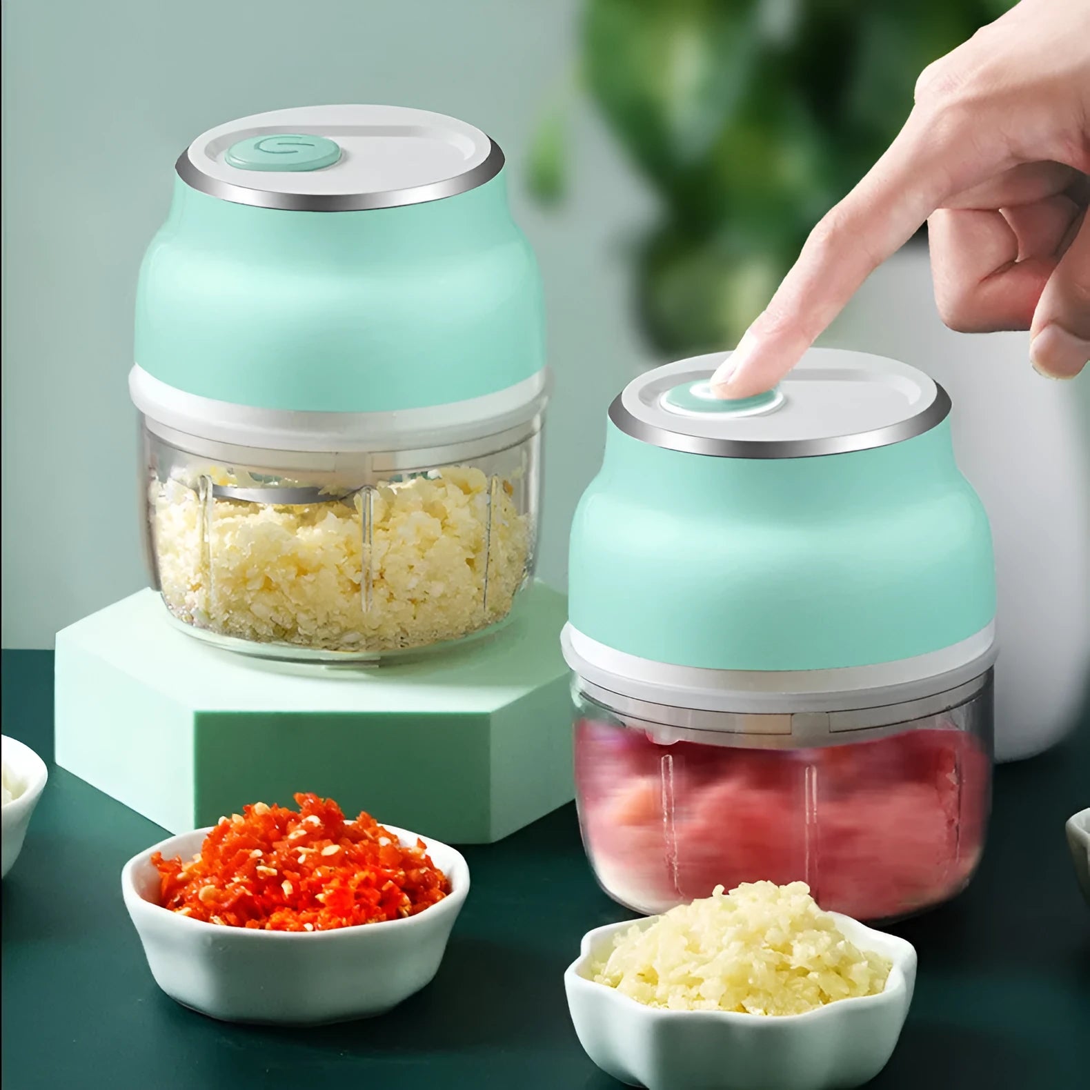 Green portable electric mini garlic cutter with transparent cup and USB charging cable