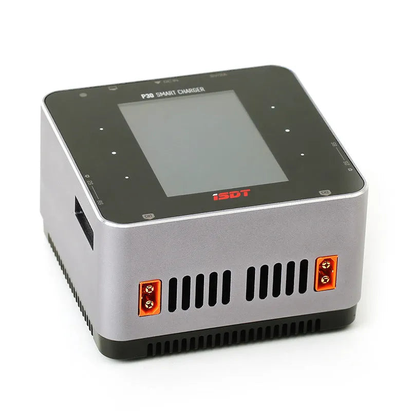 P30 dual-channel smart balance charger for lithium batteries with two slots, dimensions 110x110x65mm