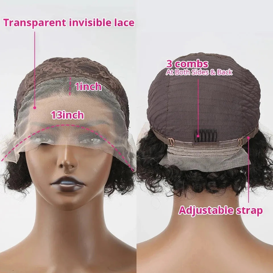 Black human hair lace front pixie wig on a mannequin head