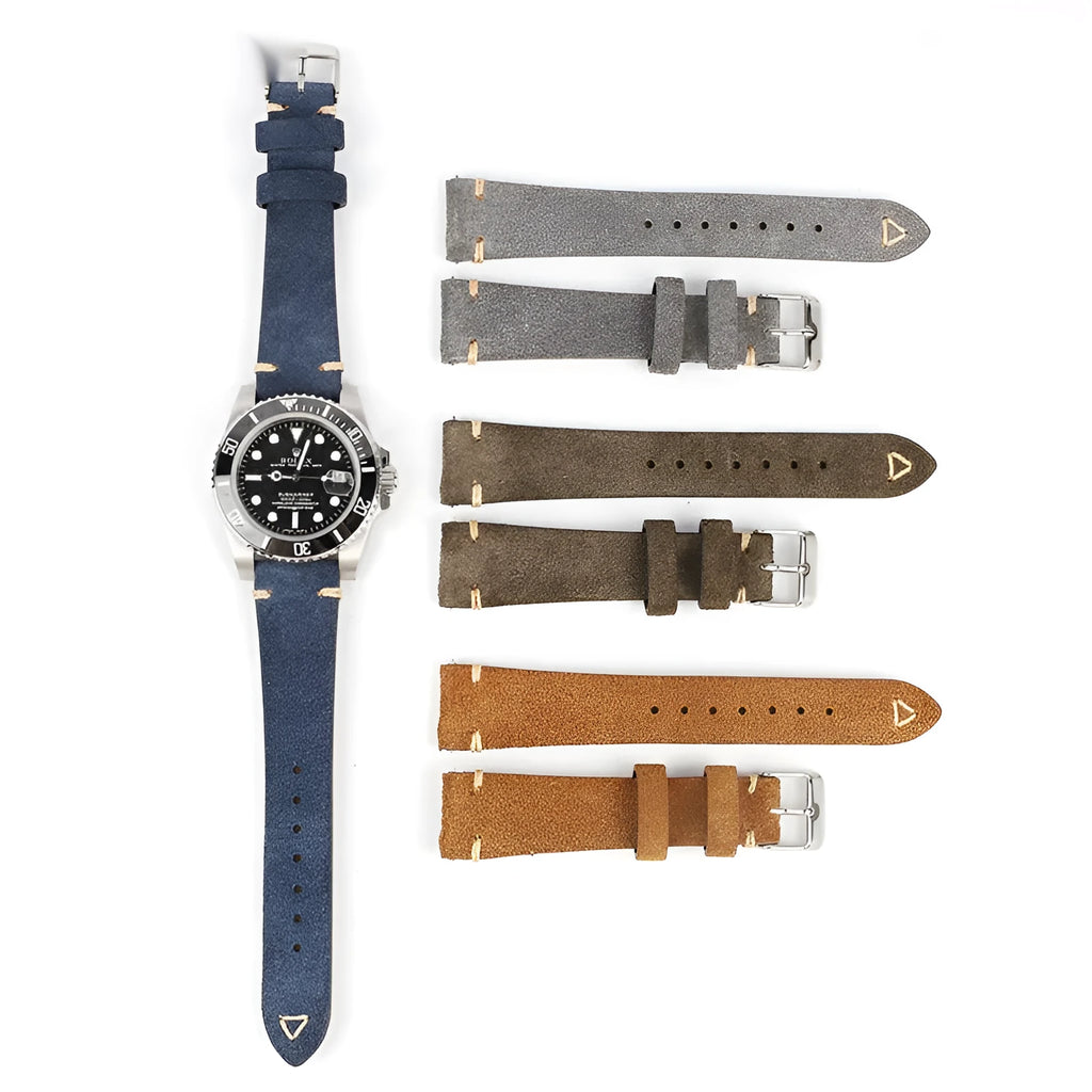 Genuine suede leather watch strap in ethnic style showing brown, blue, grey, and Army Green colour options.