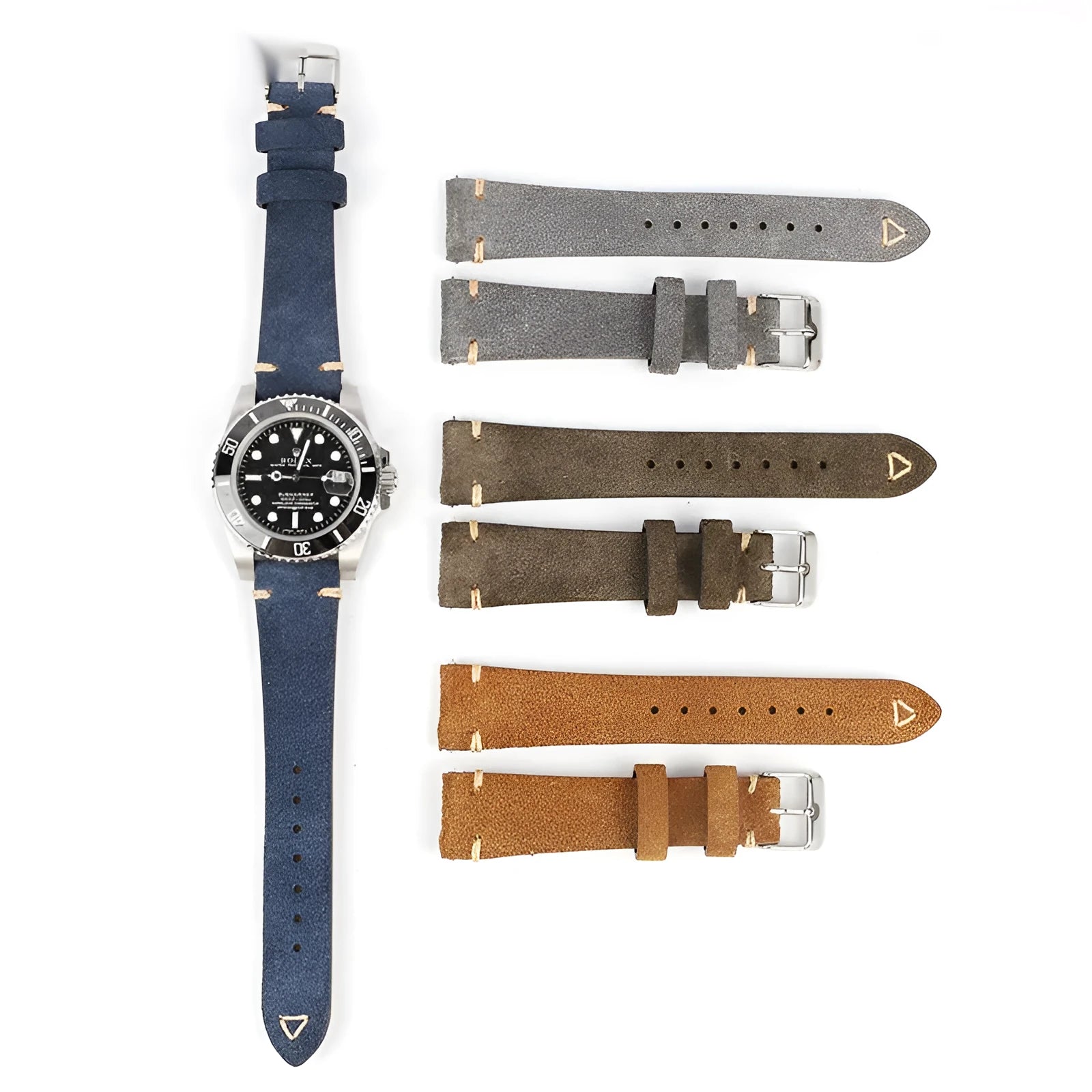 Genuine suede leather watch strap in ethnic style showing brown, blue, grey, and Army Green colour options.