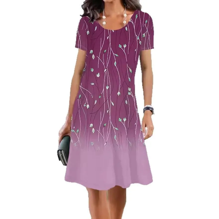Ice silk summer dress with plants and flowers print, A-line skirt, short sleeves, and round neck.