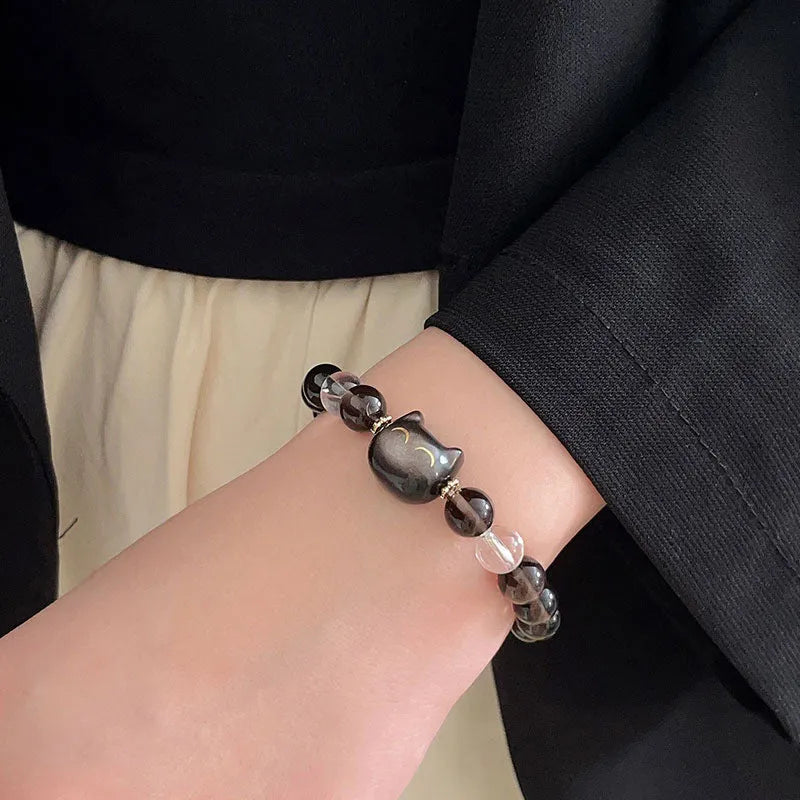 Women's silver-tone cat head bracelet with 8mm ice stone opal and natural silver stone charms on adjustable band