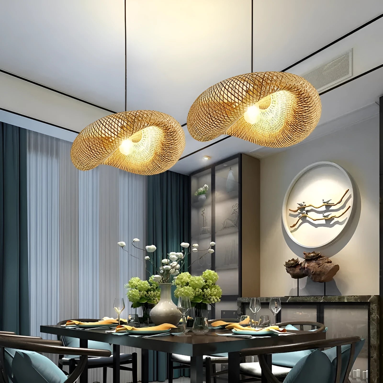 Bamboo straw hat shaped hanging pendant lamp with woven texture on a ceiling.