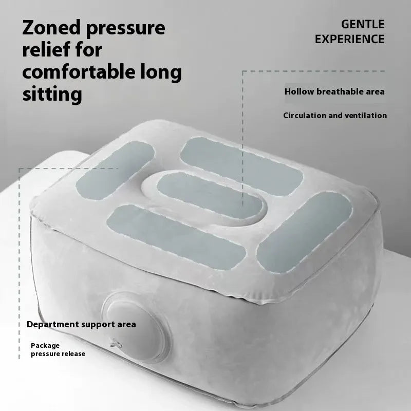 Inflatable portable seat cushion with flocking material shown inflated for use.