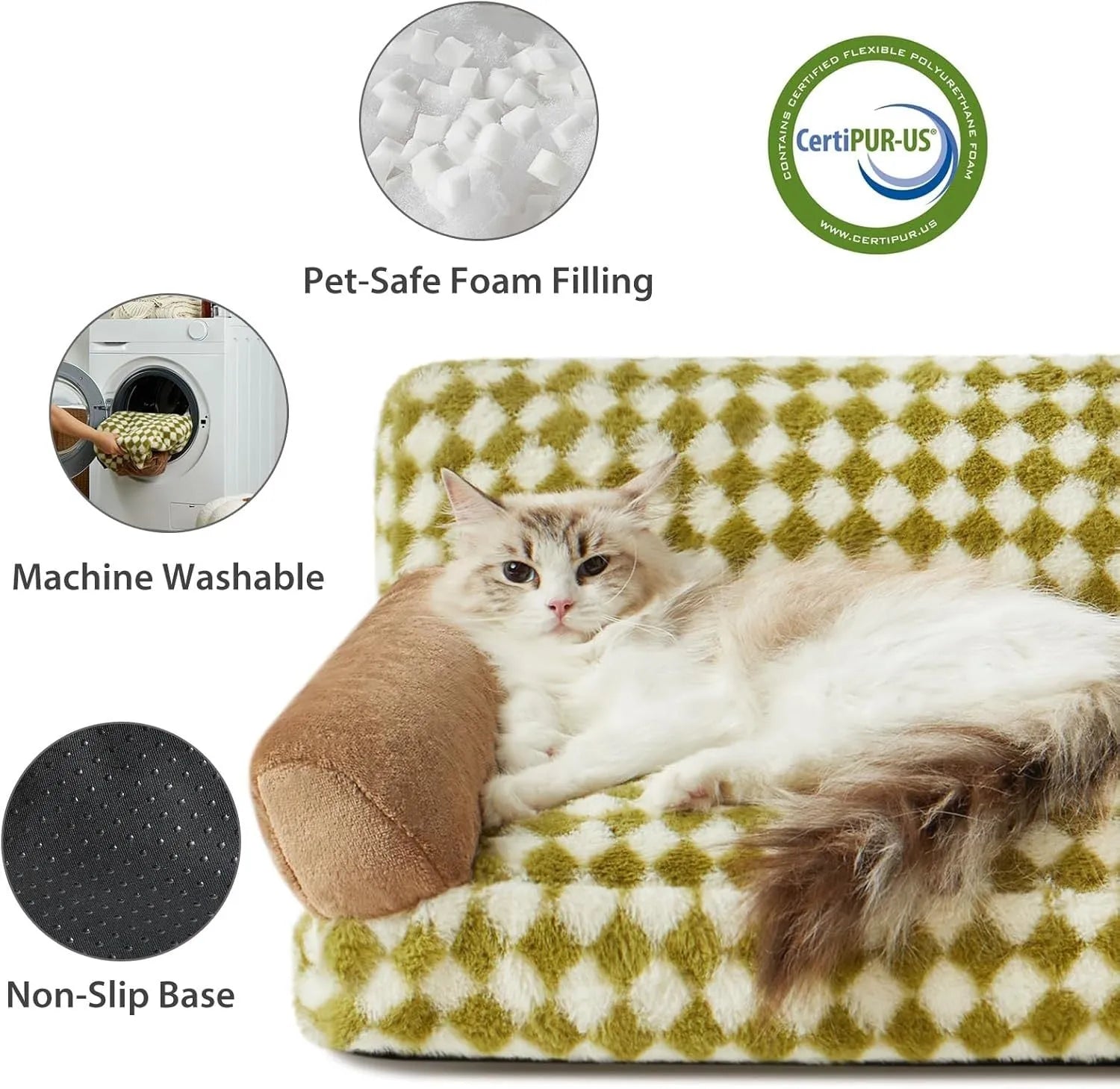 Small grey checkered pet sofa bed with a non-slip base and removable cover.
