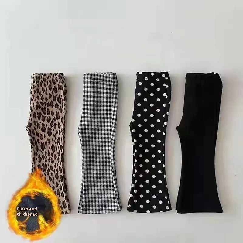 Girls fleece-lined bell-bottom pants in plaid pattern, polyester fabric, mid-waist, suitable for 80-150cm height