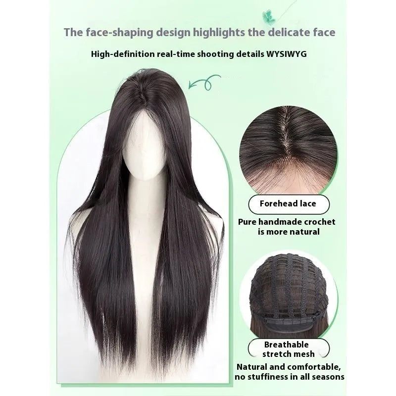 Full-head forehead lace wig in brown black colour with long straight synthetic hair