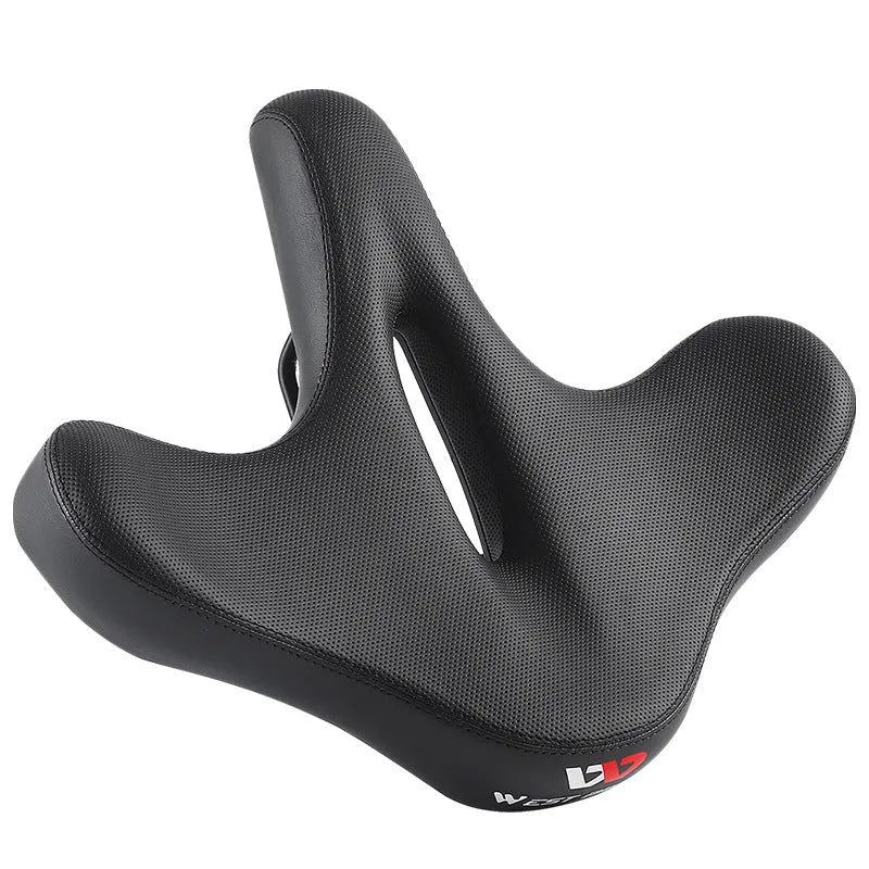 Black bicycle saddle cushion with thickened foam padding for shock absorption.
