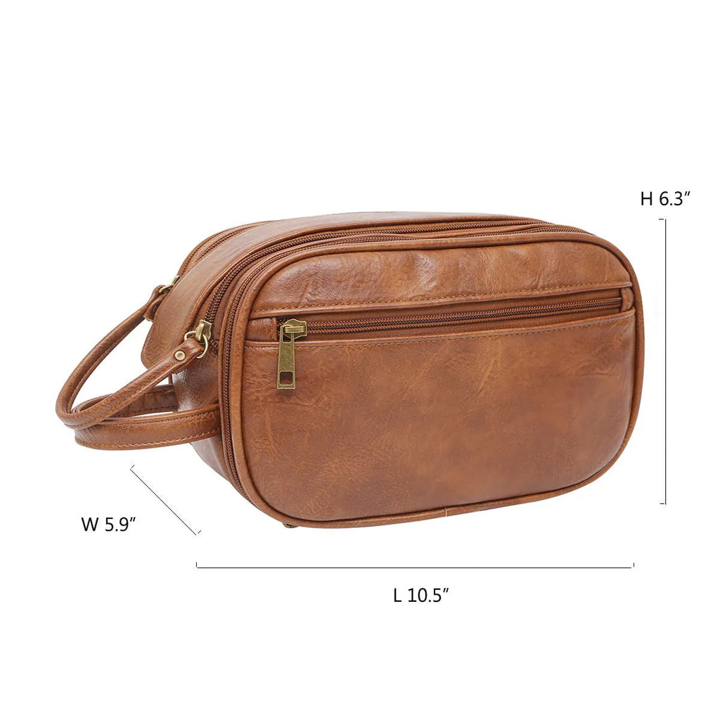 Men's black PU leather toiletry bag with water-resistant zipper and interior mesh pockets open