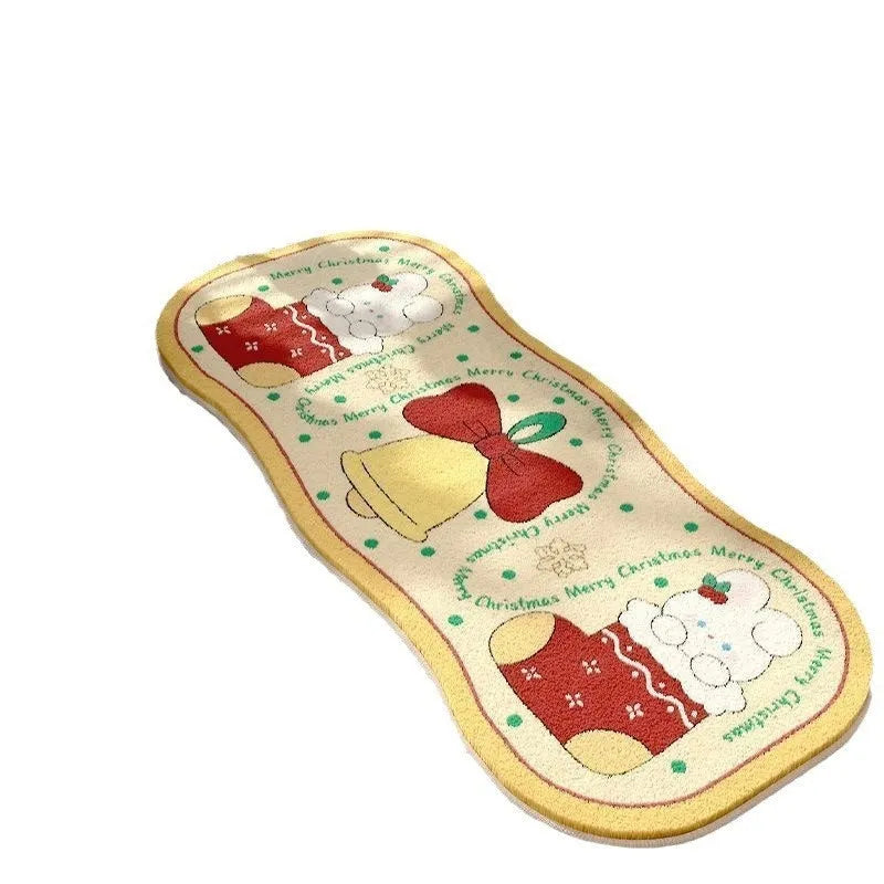 Alien-shaped imitation cashmere Christmas carpet with festive patterns on a wooden floor.