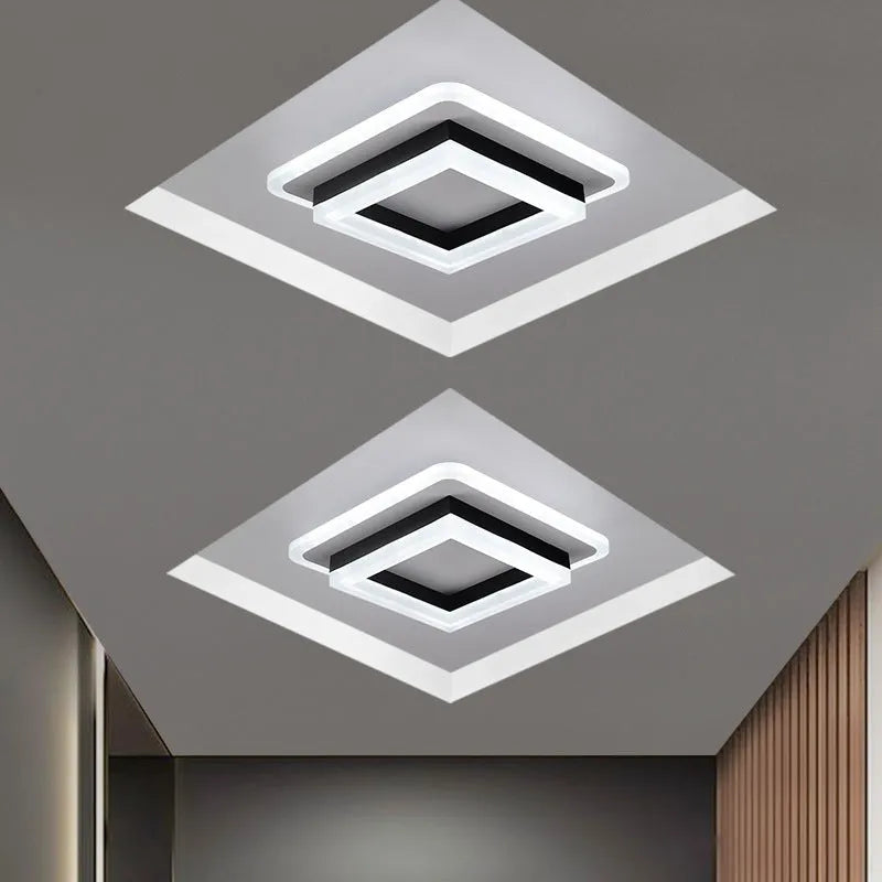 Modern LED ceiling light in black or gold, round or square style, for corridor or hallway.