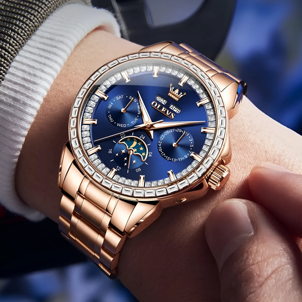Men's automatic mechanical watch with diamond dial on a stainless steel strap with butterfly buckle.