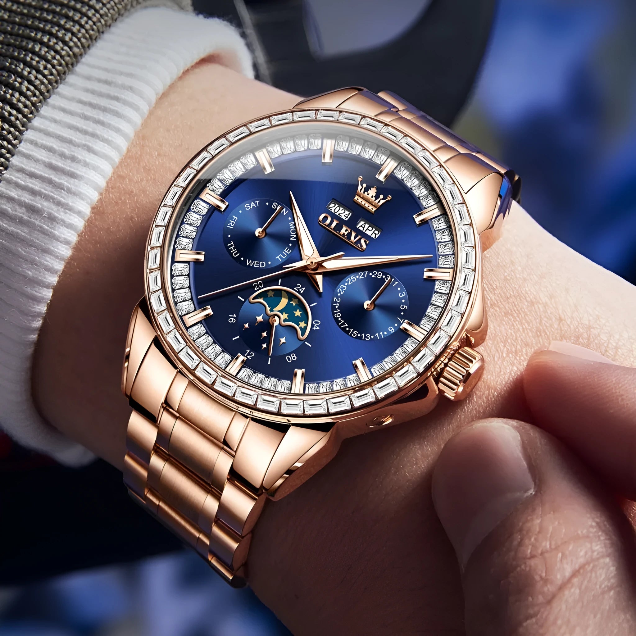 Men's automatic mechanical watch with diamond dial on a stainless steel strap with butterfly buckle.