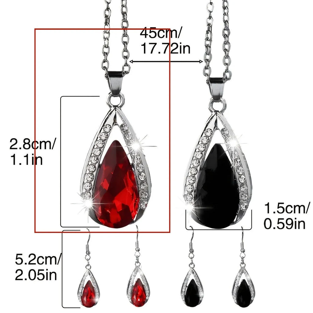 Black and red teardrop pendant necklace and matching alloy earrings set.