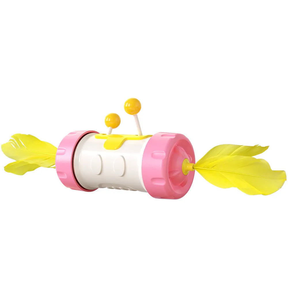 Interactive cat toy set with blue stick pole, feather ball, and yellow rolling tumbler puzzle on a floor.