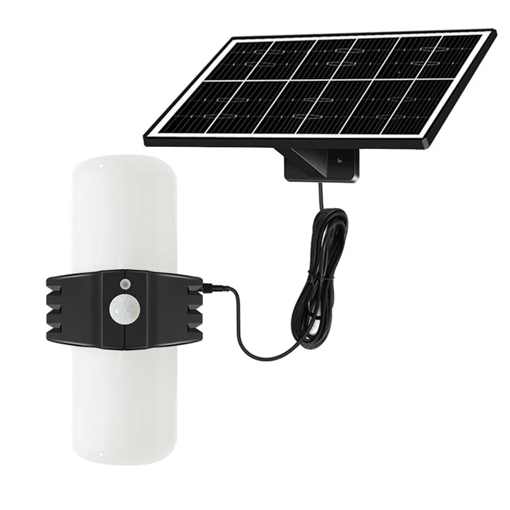 Black abstract-design outdoor solar floodlight with solar panel and motion sensor on wall bracket
