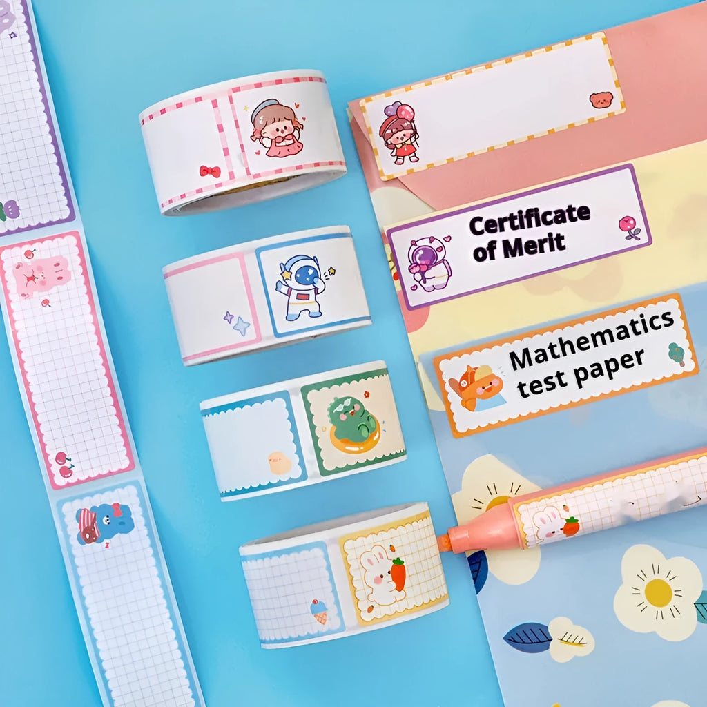 Roll of colourful cartoon name tape stickers showing Dinosaur, Astronaut, Rabbit, and Girl designs