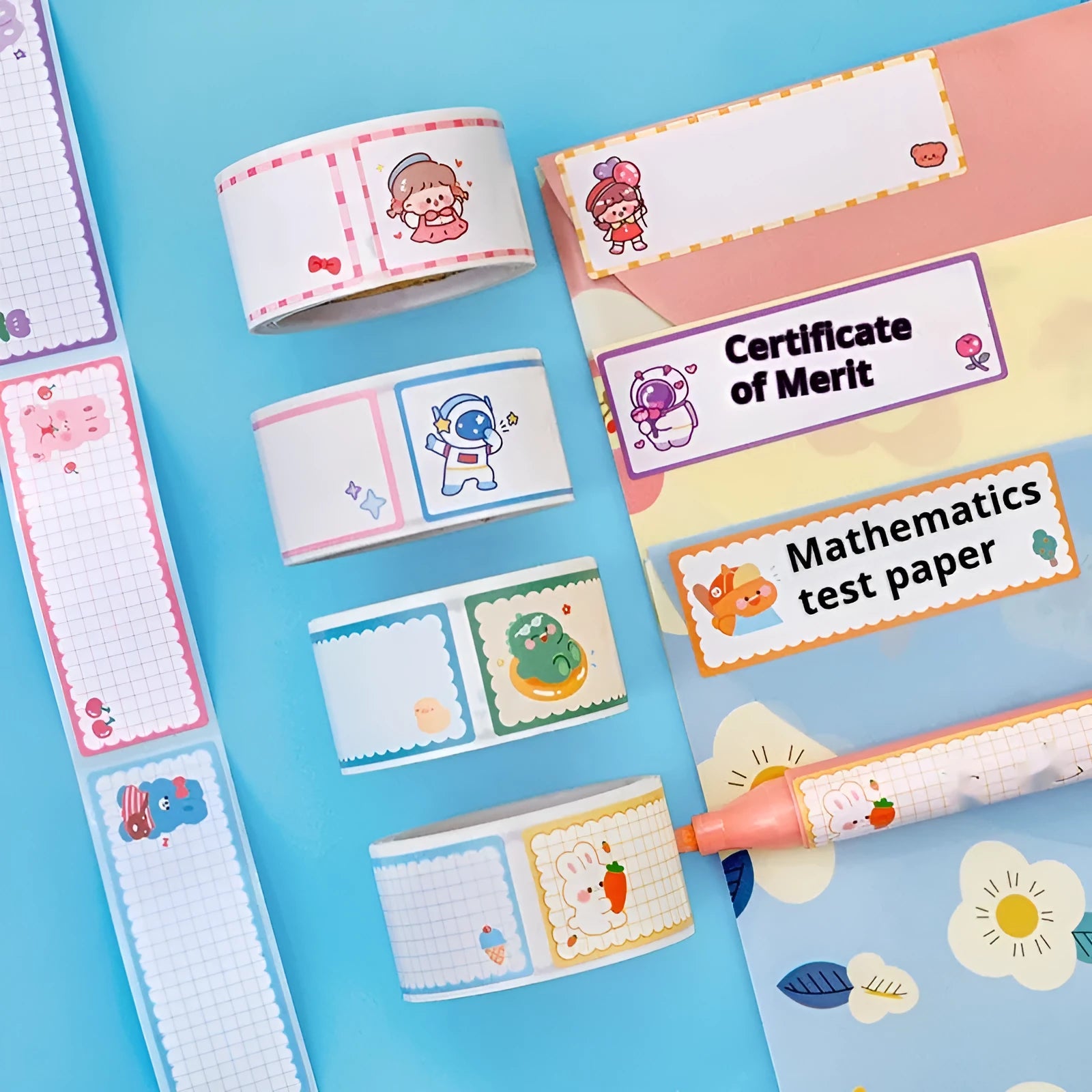 Roll of colourful cartoon name tape stickers showing Dinosaur, Astronaut, Rabbit, and Girl designs