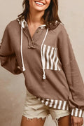 Straw yellow waffle texture striped patchwork hoodie with a button neck and drawstring hood.