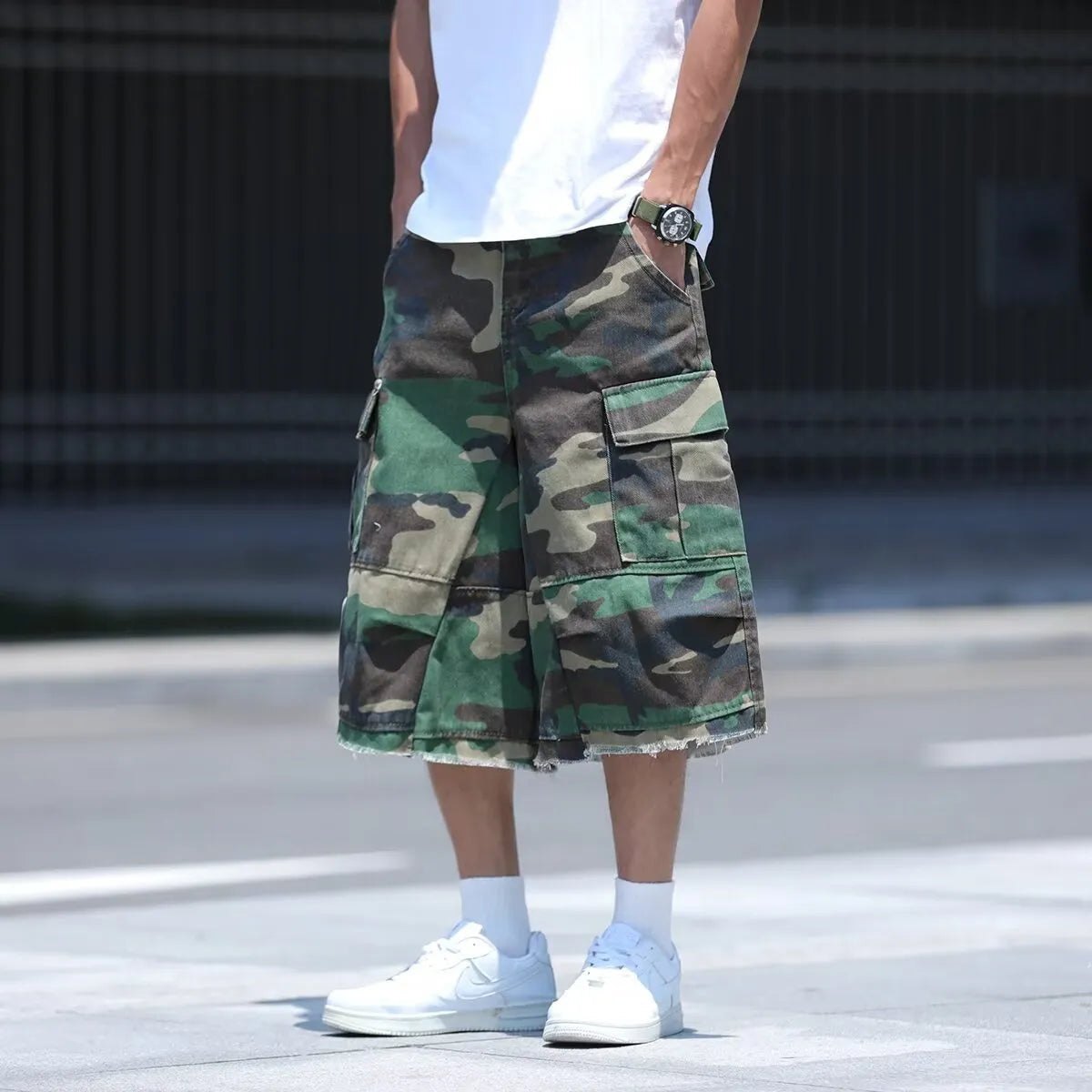 American retro workwear shorts in camouflage patterns with loose fit cropped design for summer