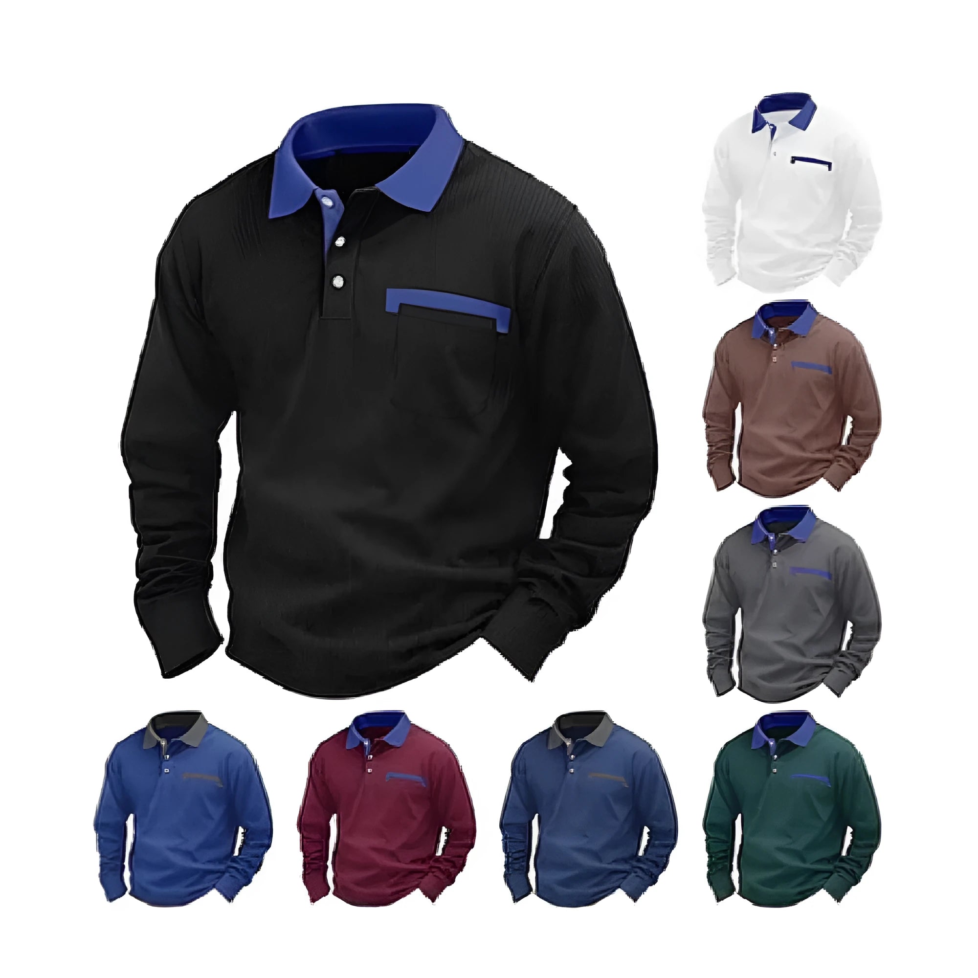 Man wearing a long-sleeved waffle-textured polo shirt in a loose fit, shown in a dark colour.