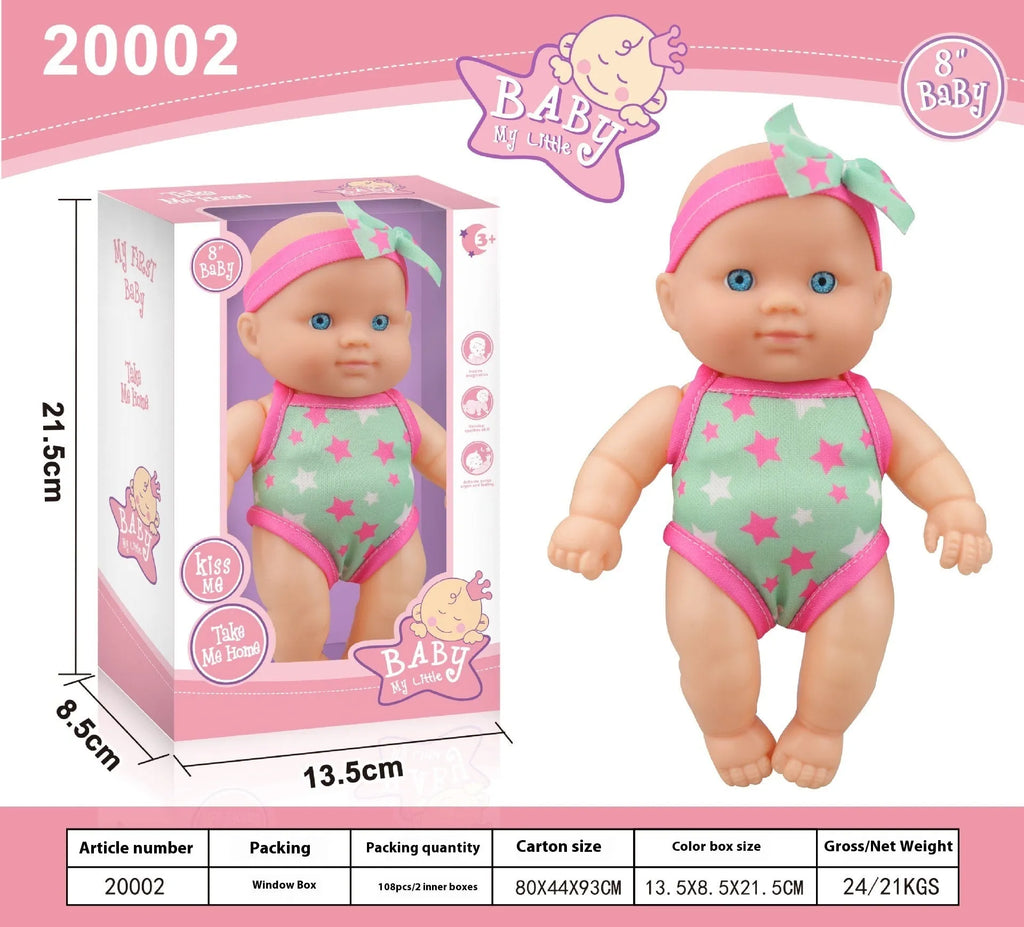 21.5cm tall simulation baby vinyl figurine doll in one of six colour variations on display