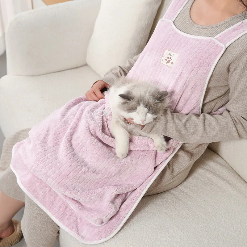 Cat petting apron in multiple colour options including pink, light blue, and striped patterns for grooming protection