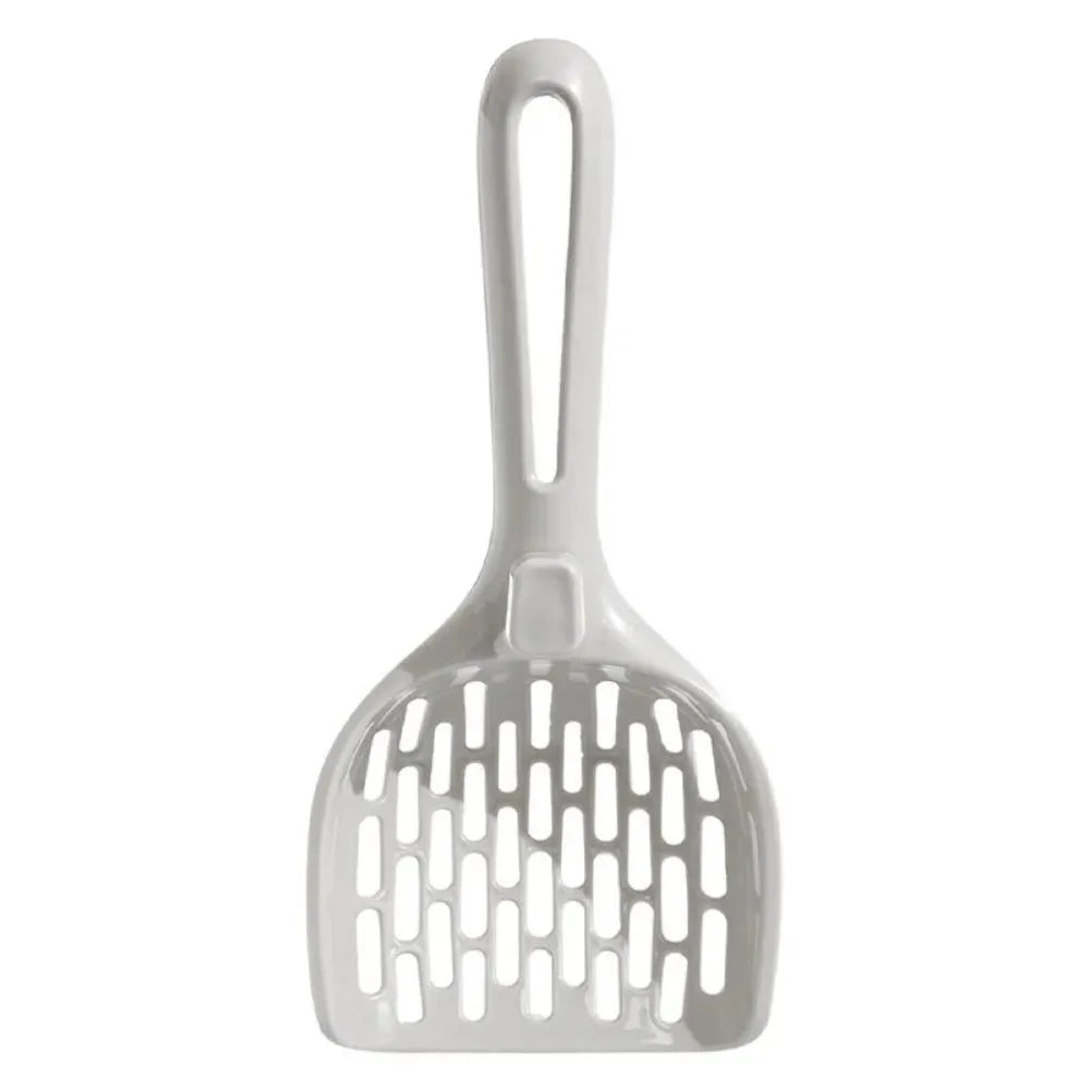 Grey plastic cat litter scoop standing upright in its matching storage base.