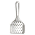 Grey plastic cat litter scoop standing upright in its matching storage base.