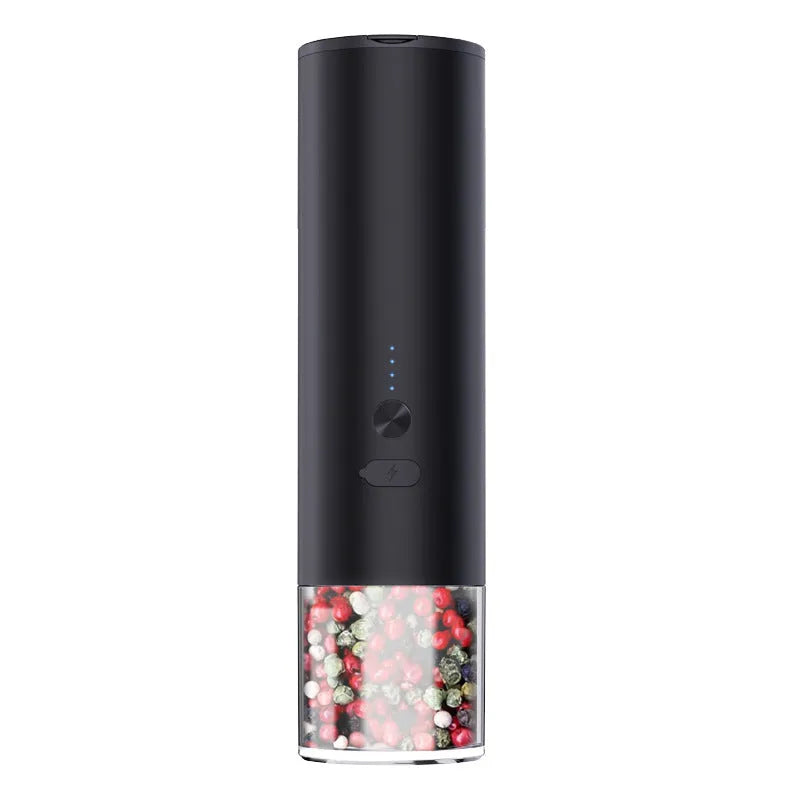 White electric salt and pepper grinder with clear glass jar and LED light