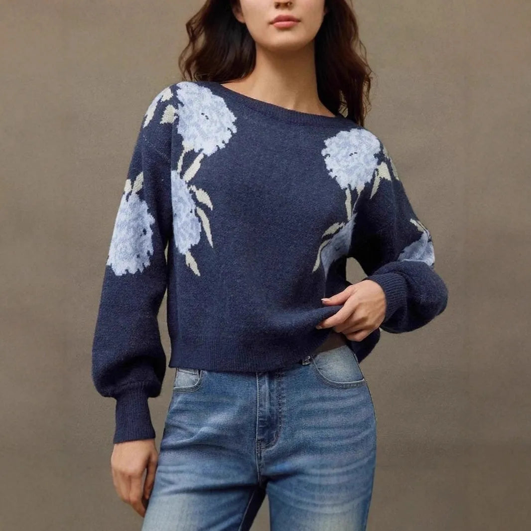 Sapphire blue women's pullover with floral jacquard pattern, off-neck design, and loose casual fit