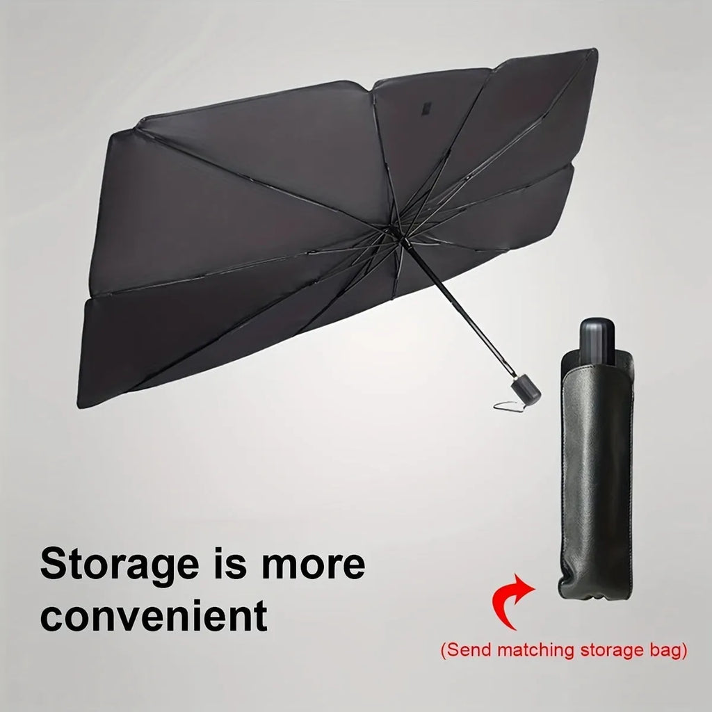Foldable car windshield sunshade umbrella shown in open position against vehicle windshield