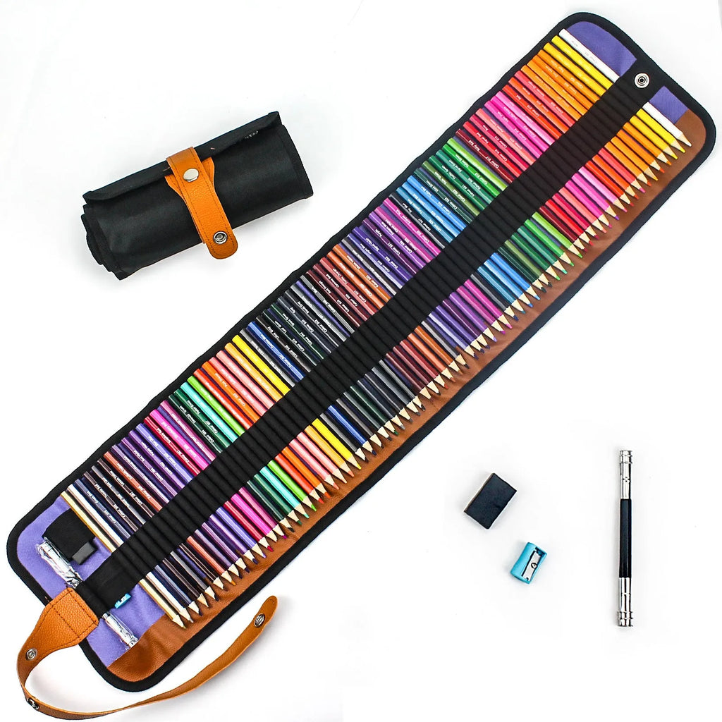 Set of 50 wooden coloured pencils in a rectangular wooden storage case with the lid open.