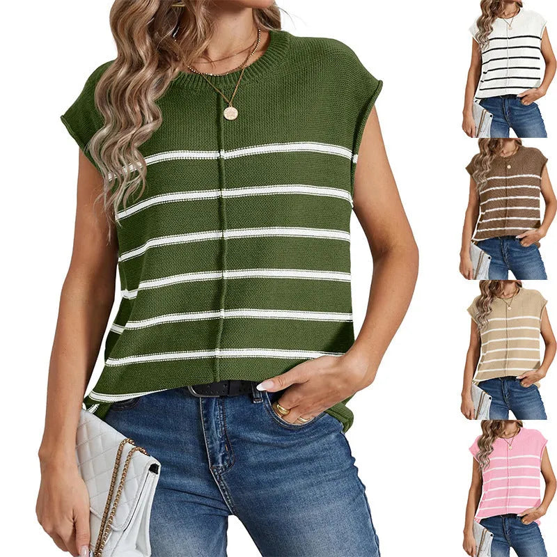 A woman's striped sleeveless pullover vest in acrylic fabric on a hanger, showing bone stitch detailing.