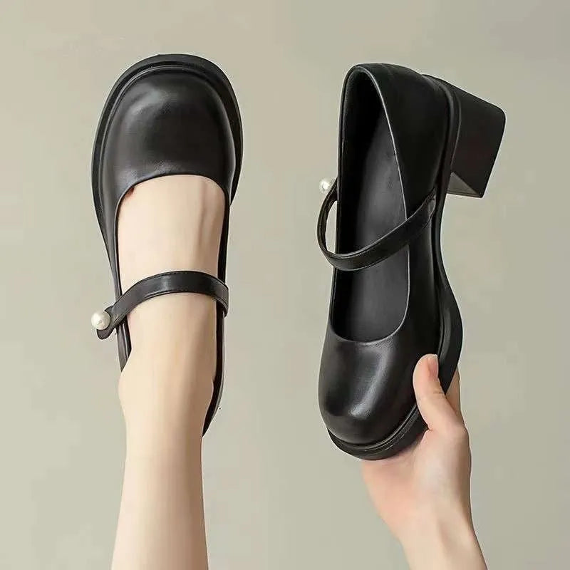 Women's PU leather loafers with short stout heel, round toe, in beige colour, solid colour design