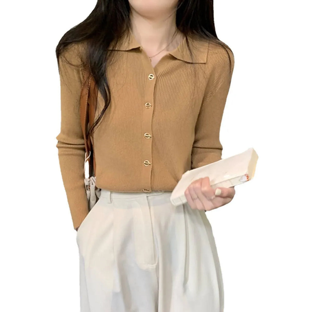 Women's beige knitted cardigan top with long sleeves shown open as a layering piece