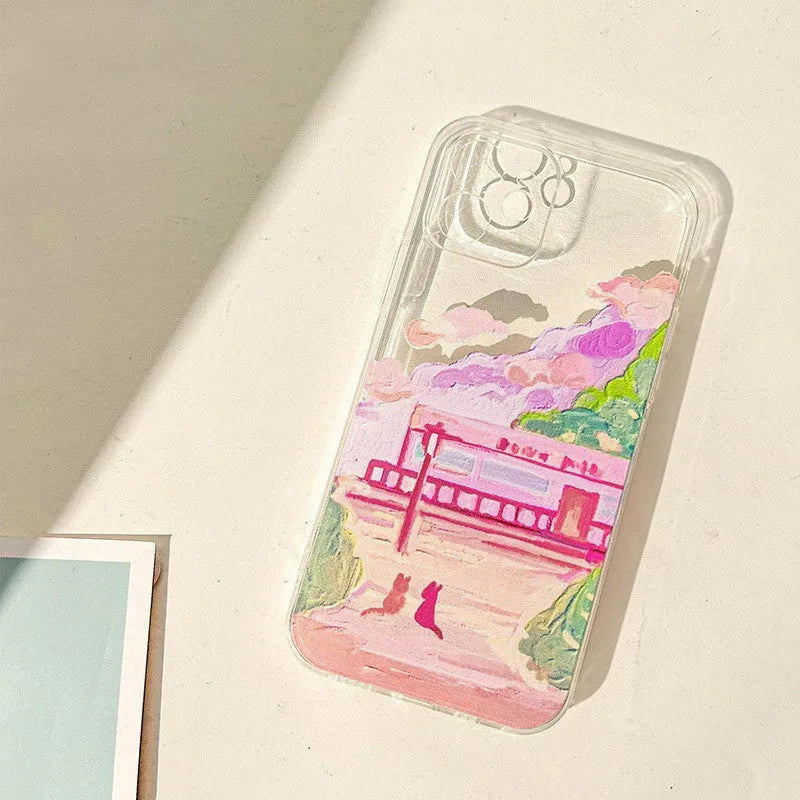 Soft silicone iPhone case with a cartoon-style two cats design on the back.